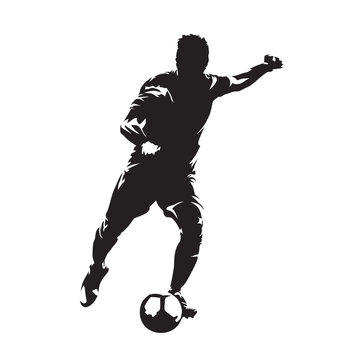 recommend clip art: Soccer player kicking ball, front view. Footballer isolated vector silhouette