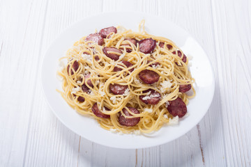 Pasta spaghetti with sausages