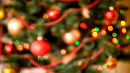 Closeup blurred photo of colorful bokehs and lights on Christmas tree