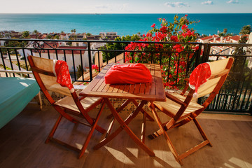 Christmas celebration on balcony terrace with sea view