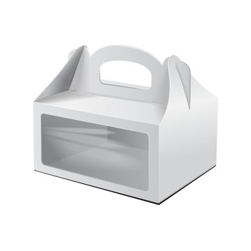 Cardboard Cake Box. For Fast Food, Gift, etc. Carry Packaging. Vector Mockup. White Template of package
