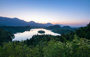 Sunrise at Bled Lake, Castel and Island, Bled, Triglav National Park, Upper Carniolan, Slovenia, Europe
