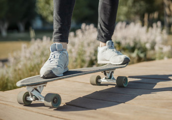 Plakat Close up of young man in sneakers riding longboard or skateboard in the park.