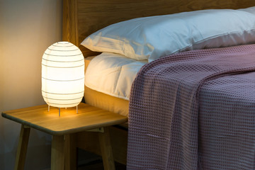 Bedside paper table bed lamp Japan style with cozy bedroom interior