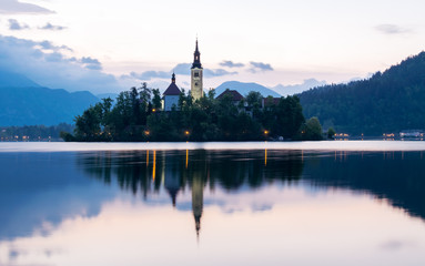Fototapeta na wymiar Impressive sunset at Bled Lake, Castel and Island, Bled, Upper Carniolan, Slovenia, Europe