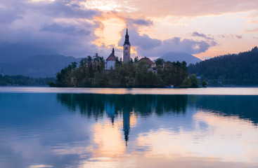 Impressive sunset at Bled Lake, Castel and Island, Bled, Upper Carniolan, Slovenia, Europe