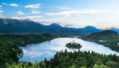 Impressive sunset at Bled Lake, Castel and Island, Bled, Upper Carniolan, Triglav National Park, Slovenia, Europe