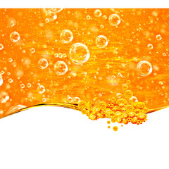 Liquid yellow wave line. Gold bubbles of air. For the project, gold, rest, oil, honey, beer, juice, shampoos or other successful options. On white background an area for text