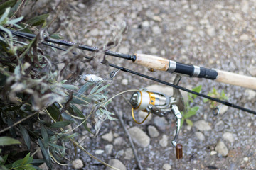 Fishing spinning in nature on a blurry background