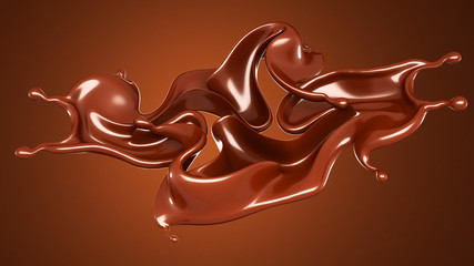 Splash, a stream of chocolate. 3d illustration, 3d rendering.