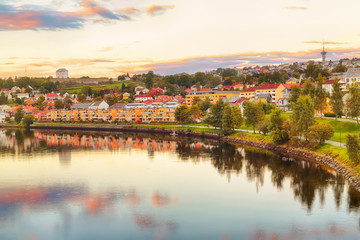 River Nidelva in Trondheim during colorful sunset 