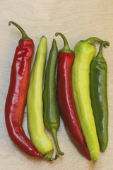 close-up of colorful bitter peppers. Pods of red and green bitter pepper. Harvest vegetables