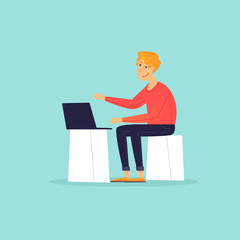 Man is sitting with a laptop, office life, business. Flat design vector illustration.