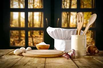 autumn window and cook hat decoration 