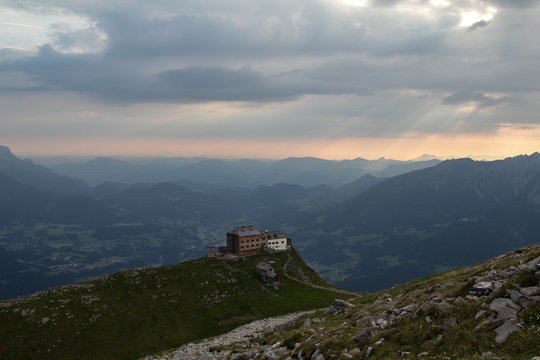 The Watzmannhaus over Berchtesgaden in Bavaria, Germany, seen from the summit of the Hocheck