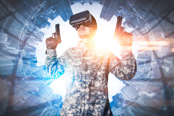 Naklejka na ściany i meble The abstract image of the soldier use a VR glasses for combat simulation training overlay with the polar coordinates city image. the concept of virtual hologram, simulation, gaming, internet of things