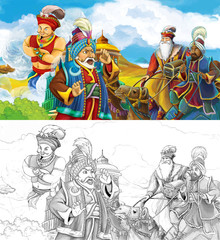 Fototapeta na wymiar cartoon scene with prince or king traveling near arabian castle encountering camel riders - illustration for children