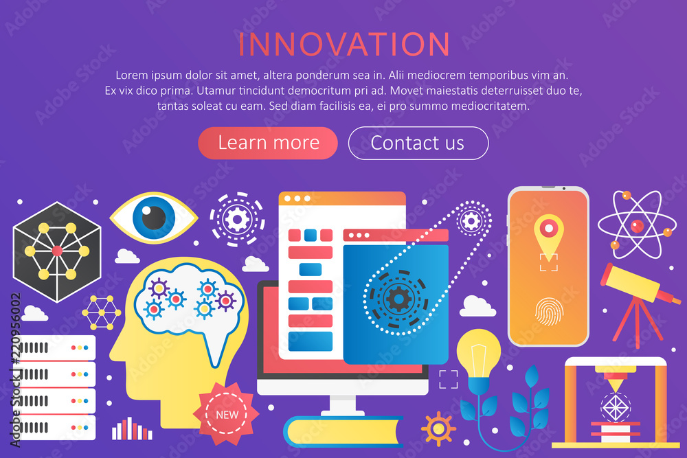 Aufkleber vector trendy flat gradient color innovation concept template violet banner with icons and text.
