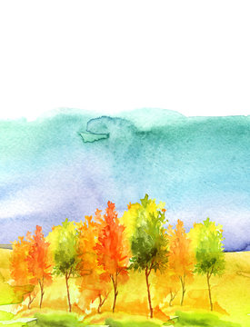 Watercolor background. Watercolor autumn landscape. Blossoming meadow, field, countryside landscape. Green Tree, blue sky. Silhouettes of forest, trees, wild grass. Watercolor logo, picture, banner