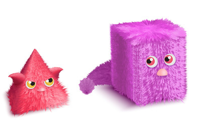 Funny cartoon triangle and rectangle monsters characters set. Realistic cute hair fur monster vector illustration.