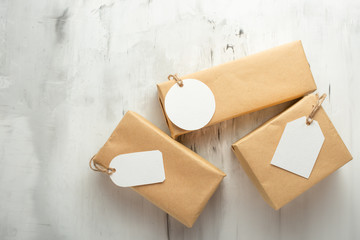 boxes for gifts with tags, for layout, logos, prints, welcome cards, congratulations