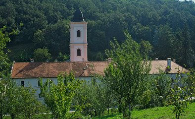 Fototapeta premium View from hill on Christian orthodox monastery in Beocin, Serbia