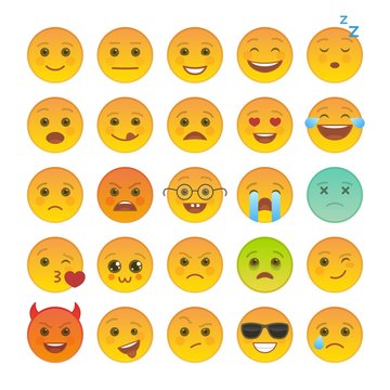 Funny emoticons isolated set. Angry, joy, sick, devil, laugh, happy and kissing yellow emoji symbols. Social communication and internet chatting vector elements. Smile face with facial expression.
