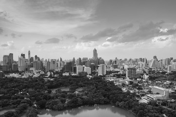 Bangkok city modern high rise buildings, Aerial view at Lumpini park. Black and White