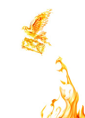 flame dove with envelope flying from yellow flire on white