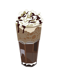 Hot chocolate with whipped cream and chocolate sauce in a tall glass, hand drawn illustration on a transparent background.