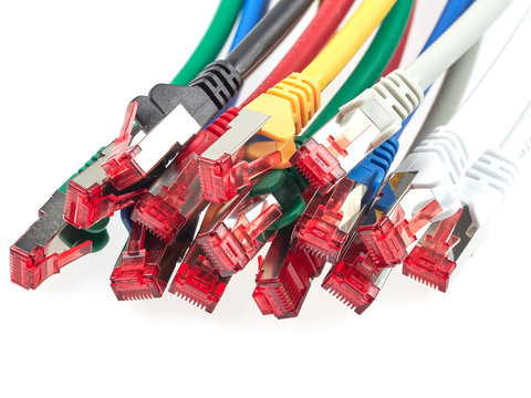 Ethernet patch cables with RJ45 connectors are used to route signals between various network devices