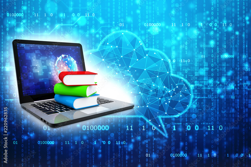 Aufkleber digital library and online education concept - laptop computer with colorful books. 3d rendering