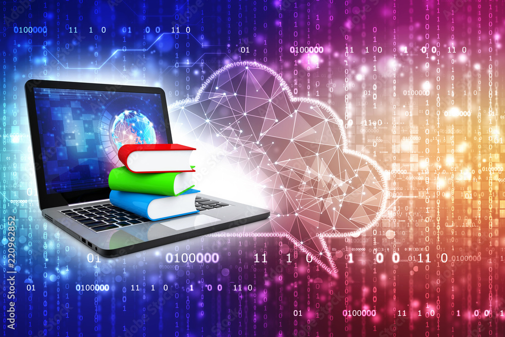 Poster digital library and online education concept - laptop computer with colorful books. 3d rendering