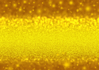 Gold sparkle rays lights with bokeh elegant show on stage abstract background. Dust sparks background.