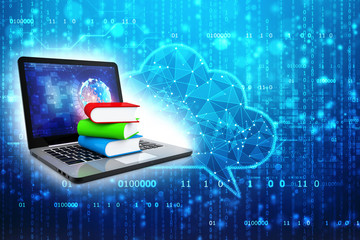 Digital library and online education concept - laptop computer with colorful books. 3d rendering