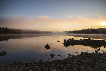 Foggy morning sunrise by the lake