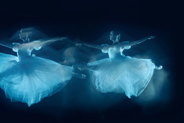 The photo as art - a sensual and emotional dance of beautiful ballerina through the veil on a dark...