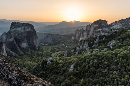 Meteors or Meteora with Orthodox Monasteries, panoramic view from the plateau to the valley of Thessaly © Ivan