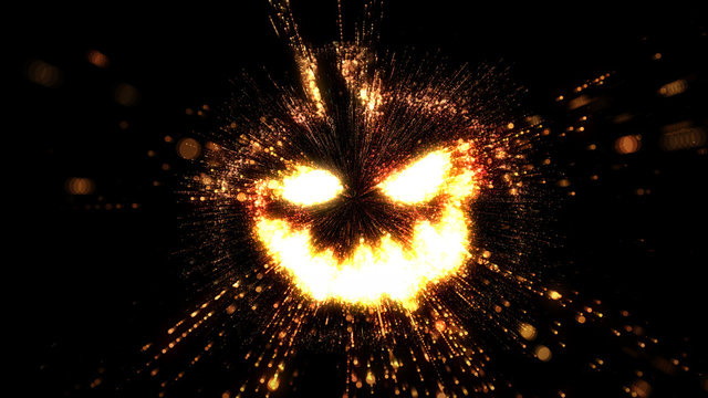 Glowing fiery jack o' lantern halloween pumpkin illustration with flying sparks
