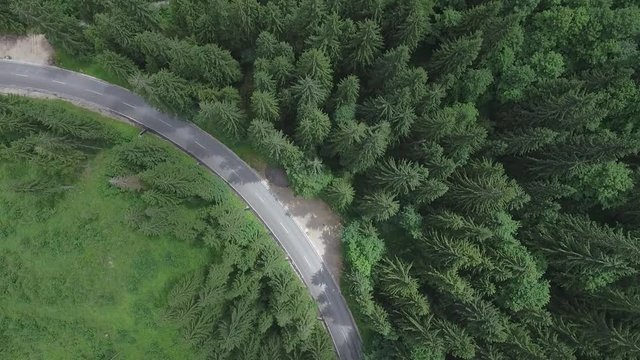 Aerial photography. Move down with the camera down. A view of the forest, the road and the passing car.