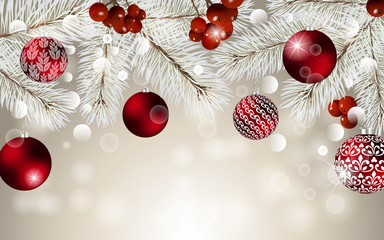 Christmas card with balls and fir branches with space for text. Vector Christmas design for greeting card, party invitation, holiday sales.