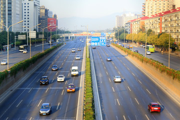 busy traffic flow in a modern city in the morning, in Beijing