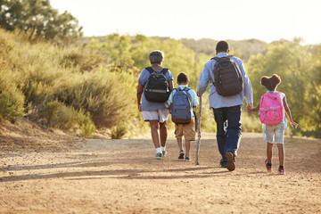 Rear View Of Grandparents With Grandchildren Wearing Backpacks Hiking In Countryside Together