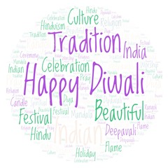 Happy Diwali in circle shape word cloud.