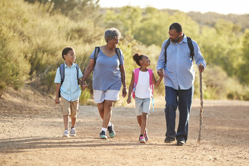 Grandparents With Grandchildren Wearing Backpacks Hiking In Countryside Together