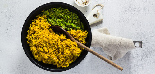 banner of cooking rice with zucchini and onions in a frying pan. Step by step recipe. healthy kitchen