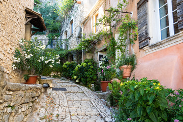 Fototapeta na wymiar A Winding Uphill Stone Walkway in a French Town in Summer
