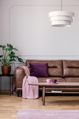 Lamp above wooden table in front of leather couch in vintage flat interior with plant. Real photo
