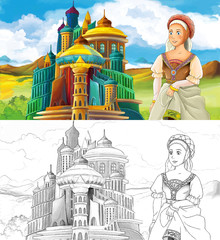 Cartoon scene with princess near some castle - with coloring page - illustration for children