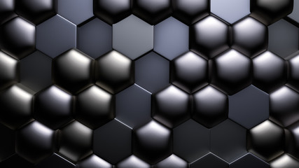 Blue black metallic background with hexagons. 3d illustration, 3d rendering.
